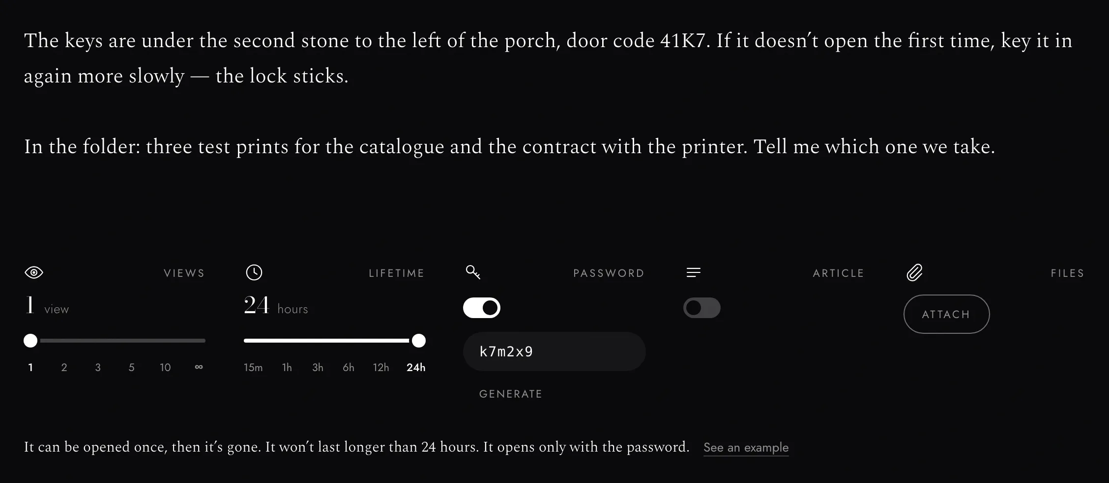 The composer — text, how many views, how long, and an optional password.