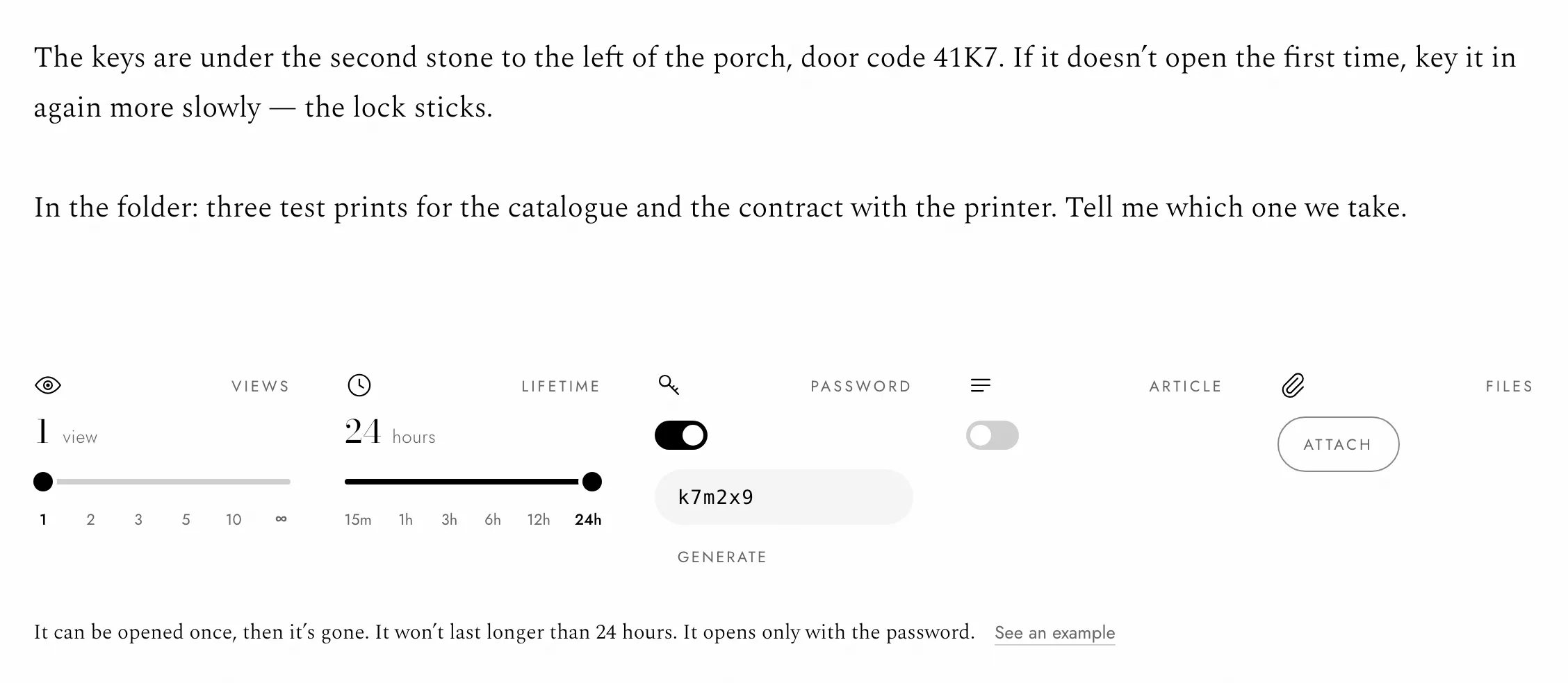 The composer — text, how many views, how long, and an optional password.