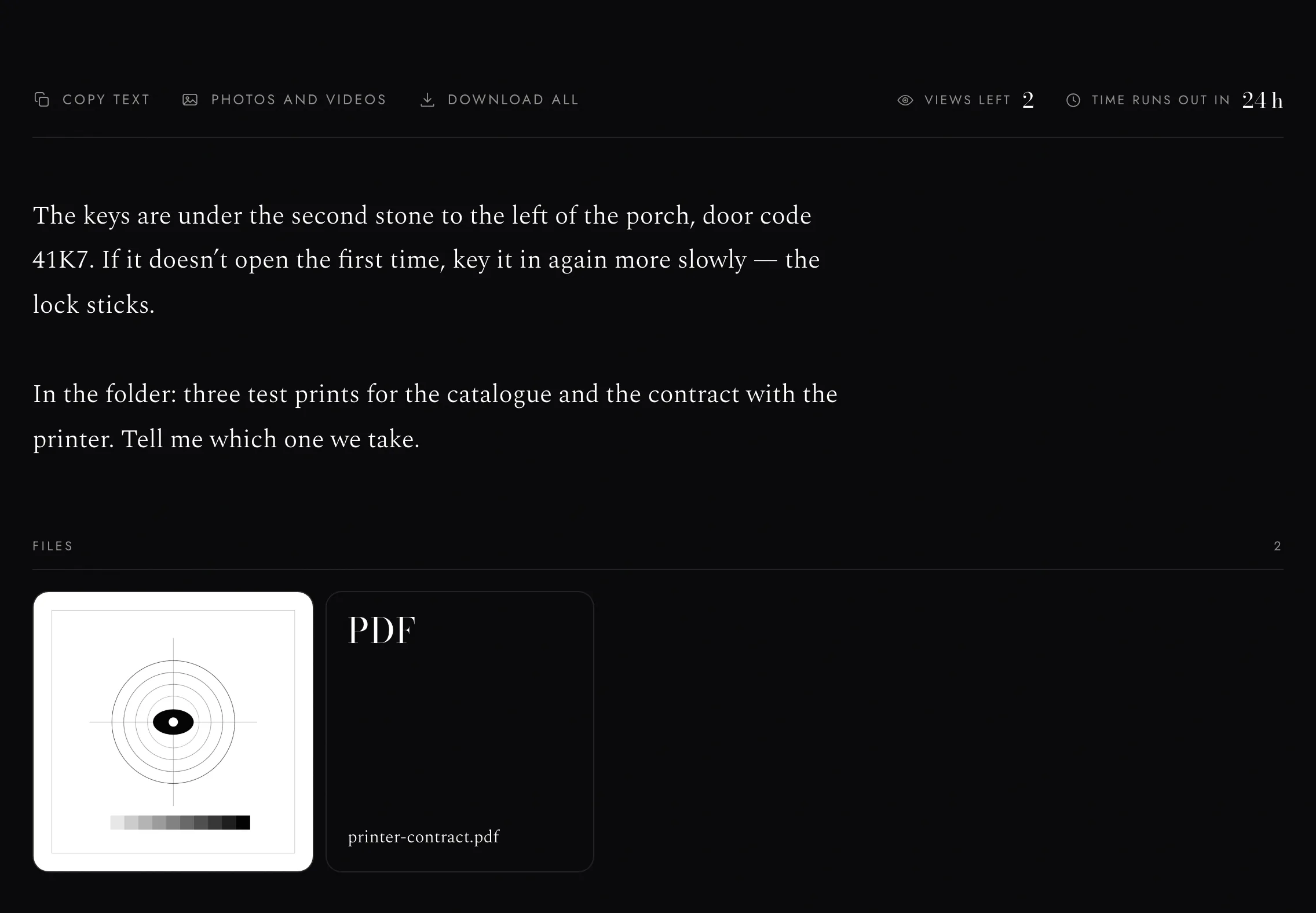 An opened note with attachments: “Download all” packs a zip in the browser.